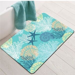 Beach Coral Bath kitchen absorbent Mat - Teal and White 24 x 17